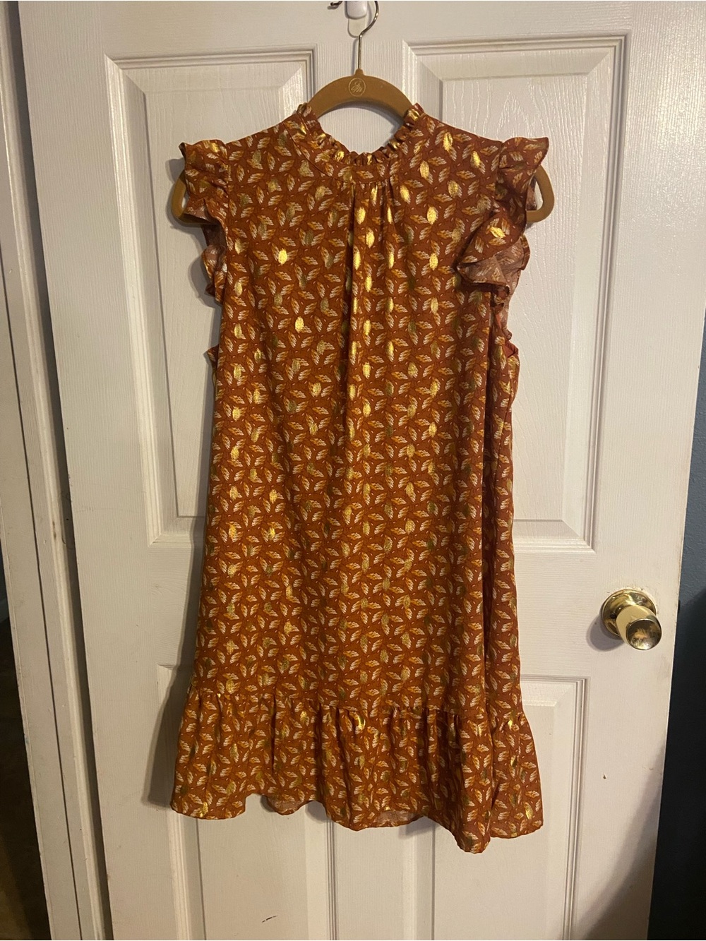 EUC Woman’s THML Burnt Orange With Gold Leaf Accent Dress Sz M, Gorgeous Piece